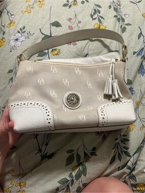 Dooney & Bourke Beige and White Logo-Accent Shoulder Bag